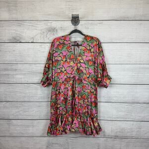 Aakaa Women's Pink Leaf Satin Dramatic Hem Long Sleeve Dress Size Medium